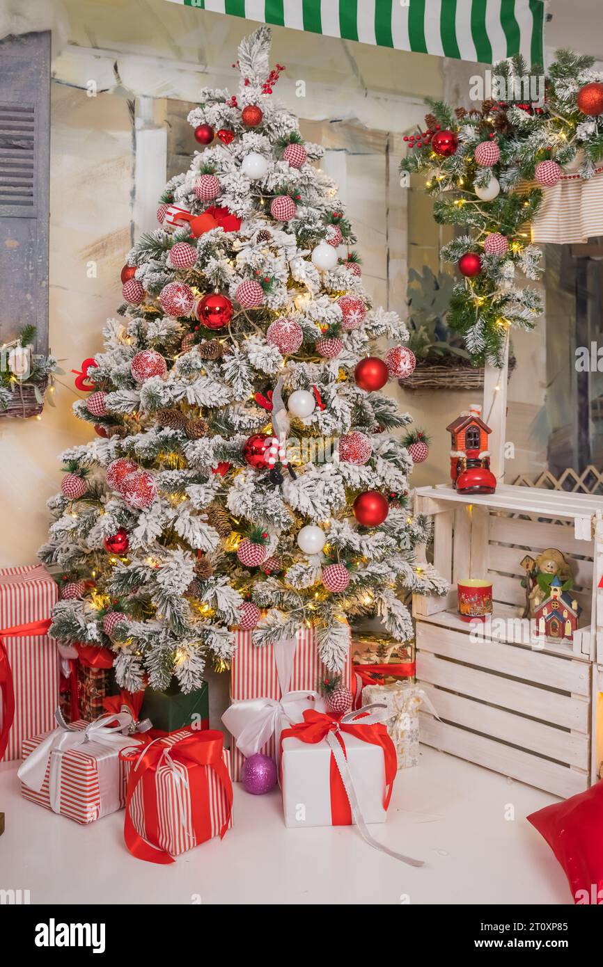 Christmas Border frame of tree branches on white background with copy ...