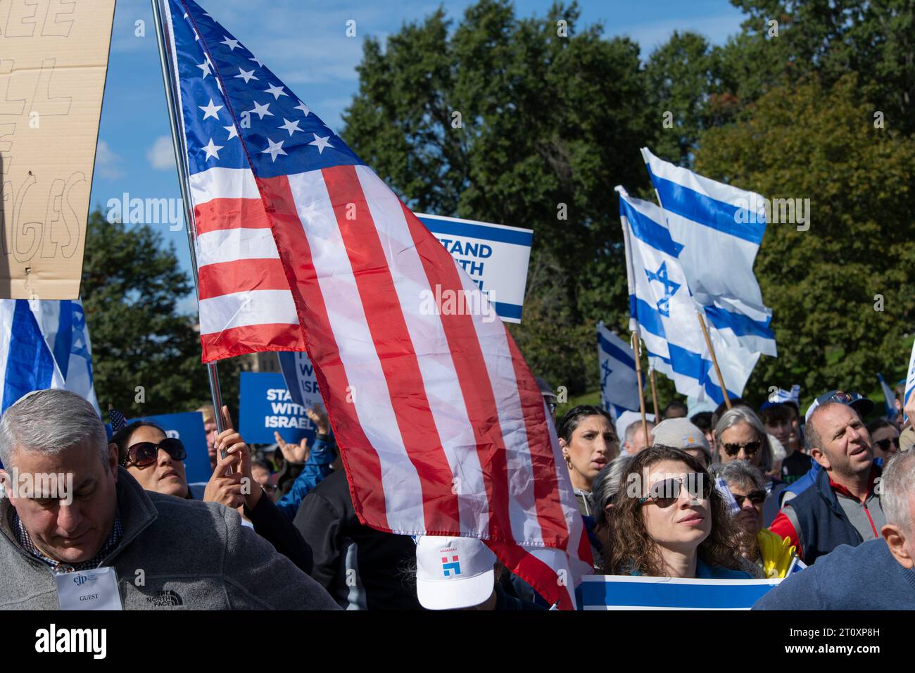 Boston, Massachusetts, USA  October 9, 2023 People rallying in support of Israel on the Boston Common after the Hamas attack on Israel.  The rally sponsored by Combined Jewish Philanthropies . The crowd of about 1000 was addressed by religious leaders and politicians including Senator Elizabeth Warren and Senator Ed Markey and Massachusetts Governor Maura Healey. Credit: Rick Friedman/Alamy Live News Stock Photo