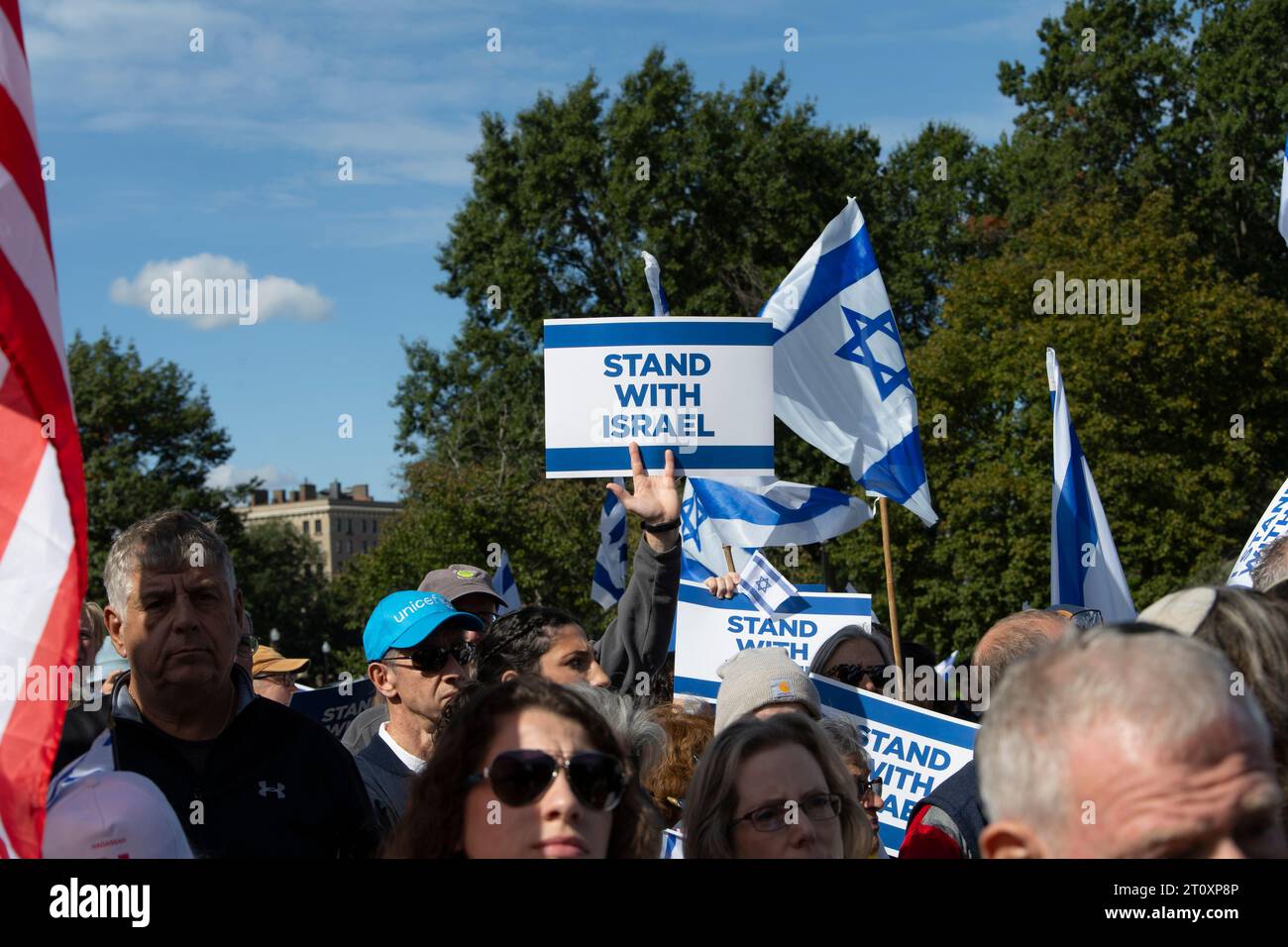 Boston, Massachusetts, USA  October 9, 2023 People rallying in support of Israel on the Boston Common after the Hamas attack on Israel.  The rally sponsored by Combined Jewish Philanthropies . The crowd of about 1000 was addressed by religious leaders and politicians including Senator Elizabeth Warren and Senator Ed Markey and Massachusetts Governor Maura Healey. Credit: Rick Friedman/Alamy Live News Stock Photo