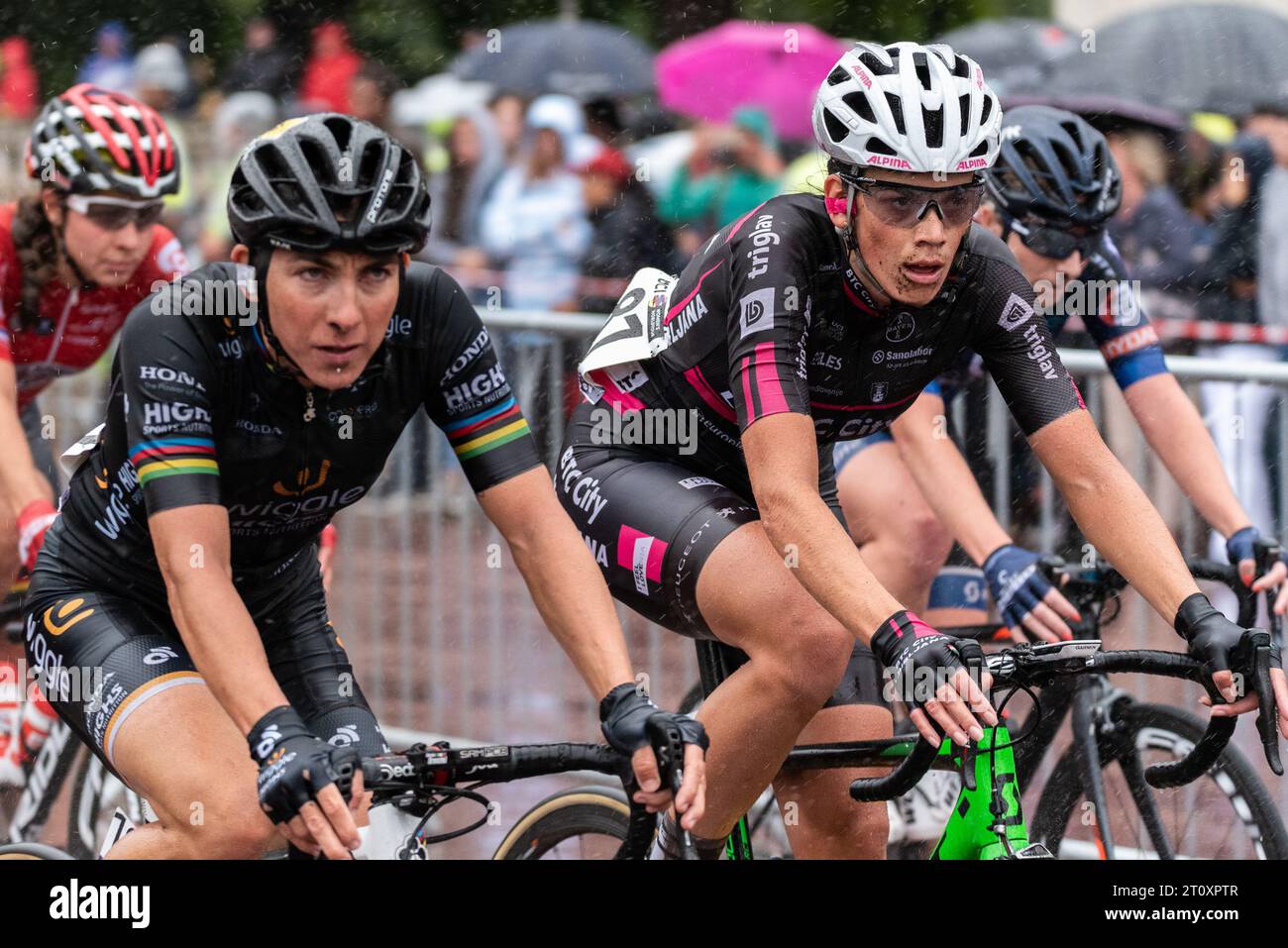 Eugenia Bujak (r) of team BTC City Ljubljana racing in RideLondon Classique UCI World Tour women's professional cycle race in Westminster, London, UK Stock Photo