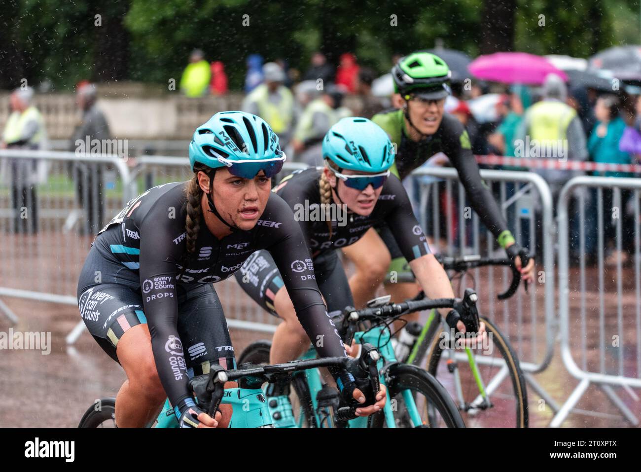 Abby-Mae Parkinson of team Drops racing in the RideLondon Classique UCI World Tour women's professional cycle race in Westminster, London, UK. Muddy Stock Photo