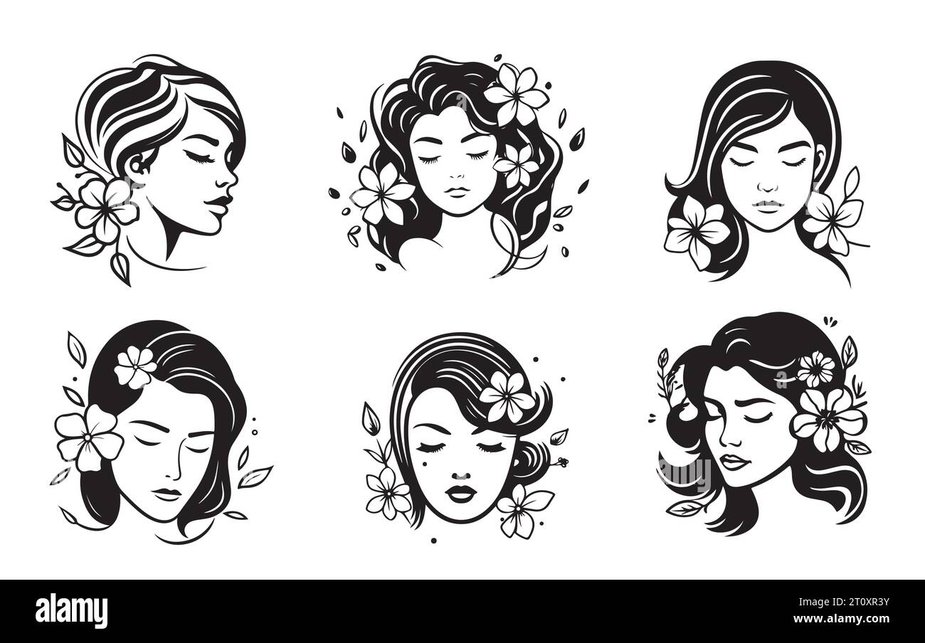 Woman face set Beauty icons set silhouette hand drawn vector Stock ...