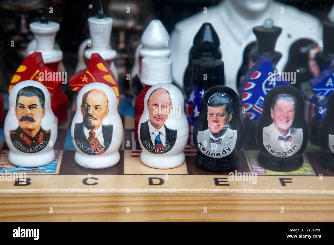 Moscow, Russia. 8th of October, 2023. Chess pawns depicting the leaders of Russia and the presidents of the United States stand on a chessboard on a counter of a souvenir shop in the center of Moscow, Russia Stock Photo