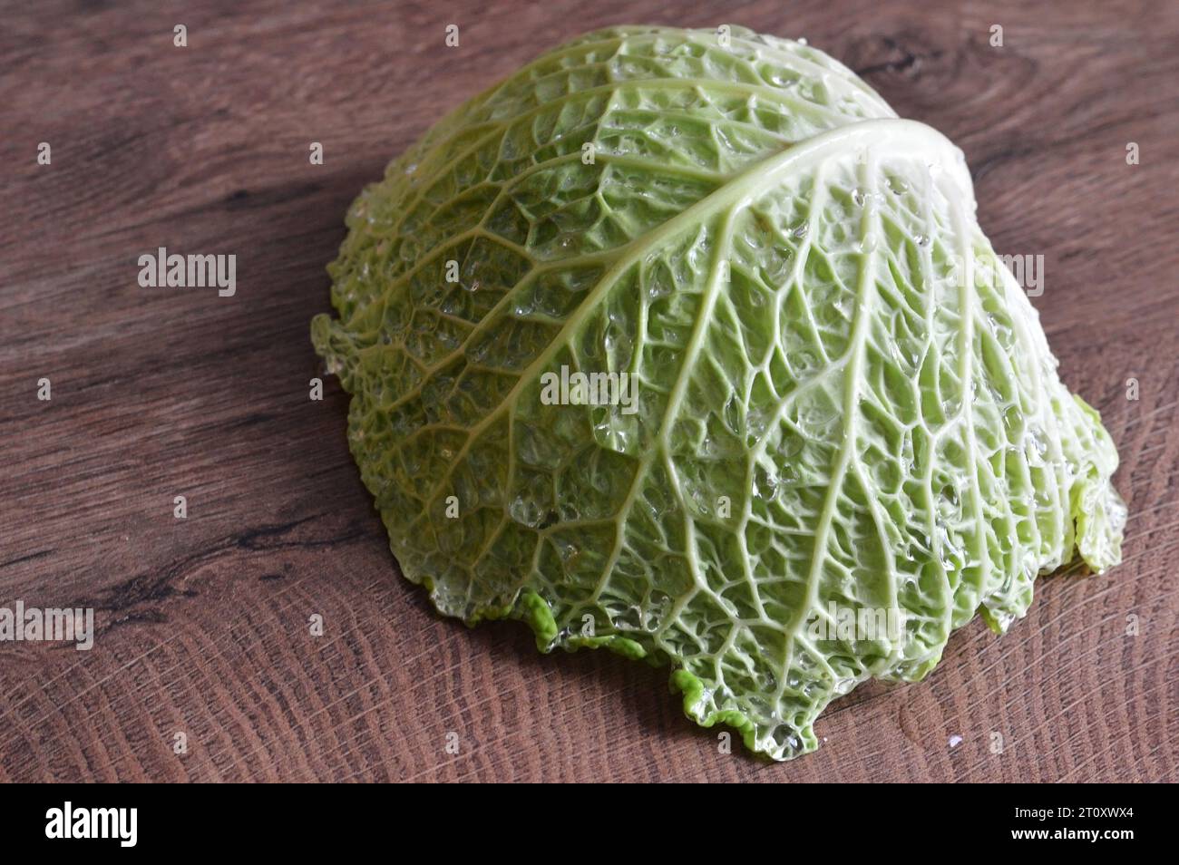 Raw savoy cabbage leaf on wooden background Stock Photo