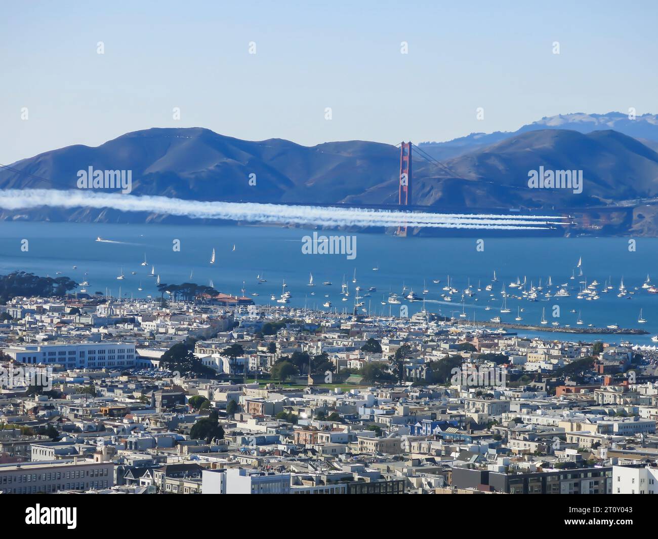 Blue Angels in Formation Over and Beyond the Golden Gate Bridge Stock Photo