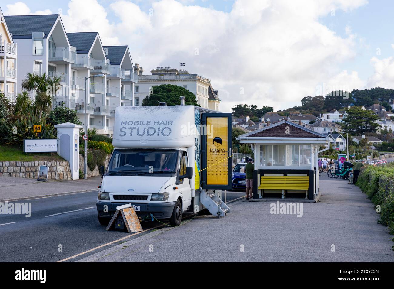 Mobile hair studio business operating from a van, parked in Falmouth, Cornwall,England,UK,september 2023 Stock Photo