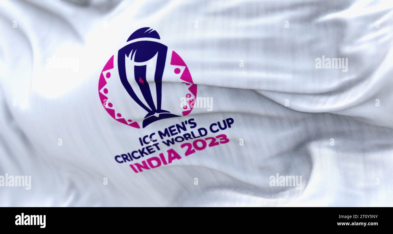 Ahmedabad, IN, October 8 2023; ICC Men Cricket world cup India 2023 waving in the wind on a clear day. Illustrative editorial 3d illustration Stock Photo