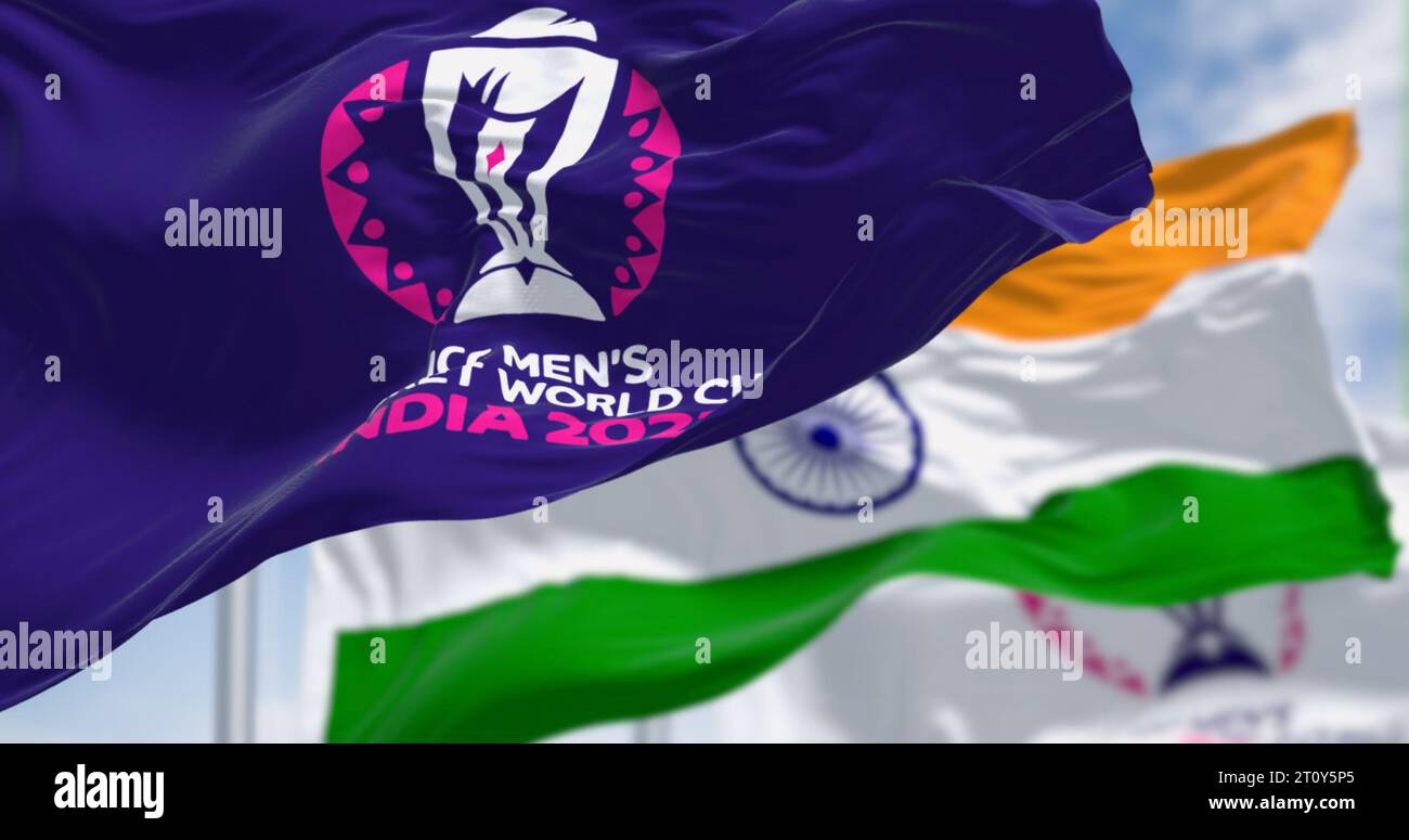 Ahmedabad, IN, October 8 2023; ICC Men Cricket world cup India 2023 waving with Indian national flag on a clear day. Illustrative editorial 3d illustr Stock Photo