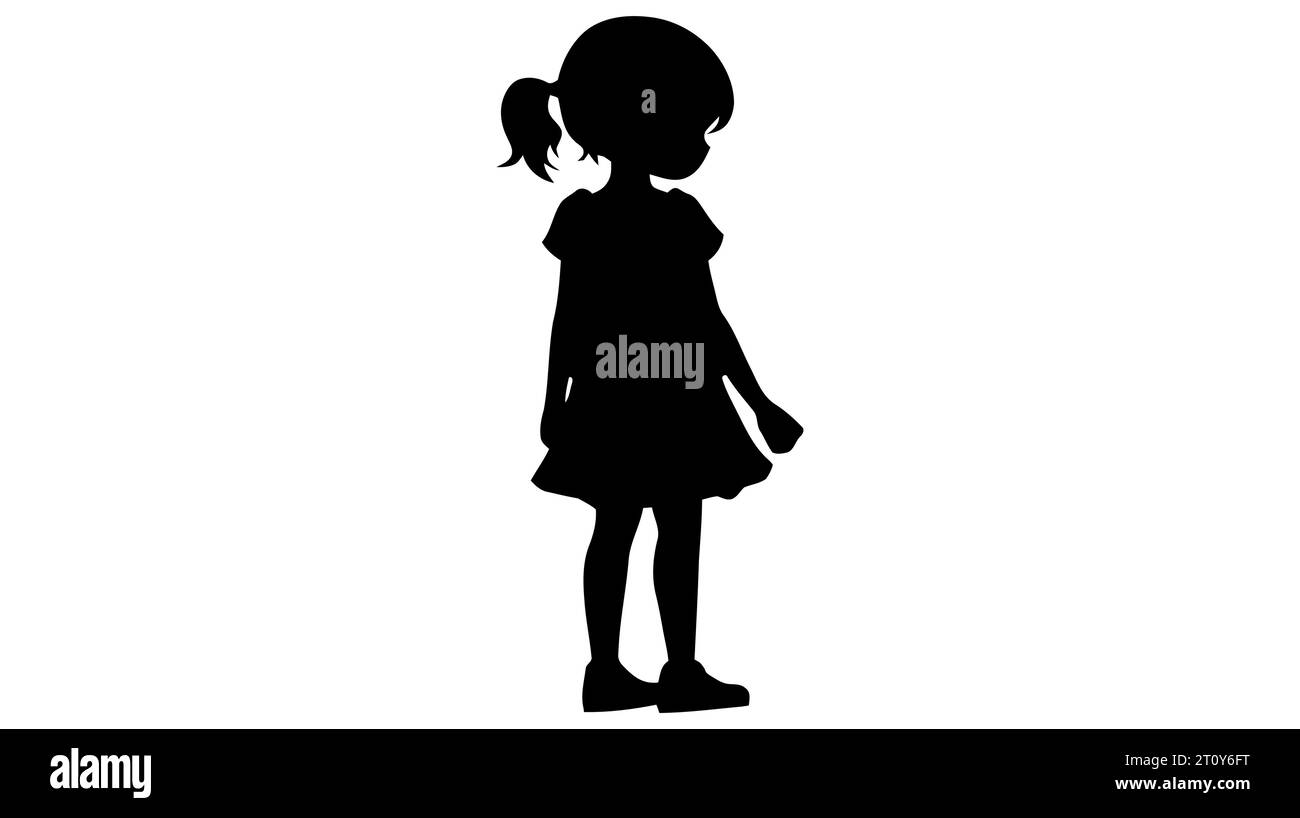 Black silhouette of little girl on white background. Character for