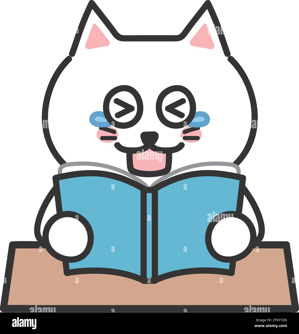 White cartoon cat reading a book laughed so hard he cried, vector illustration. Stock Vector