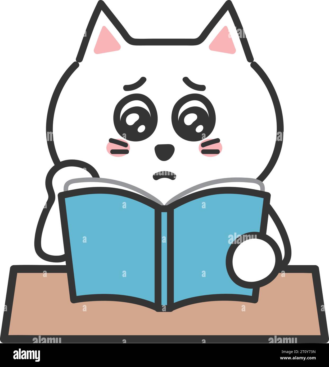 Teary-eyed white cartoon cat while reading a book, vector illustration. Stock Vector