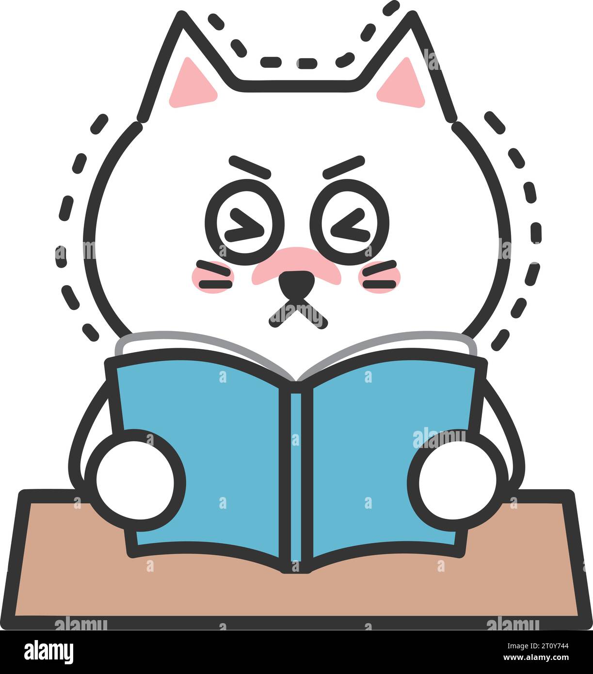 Cartoon white cat trembles with fear while reading a scary book, vector illustration. Stock Vector