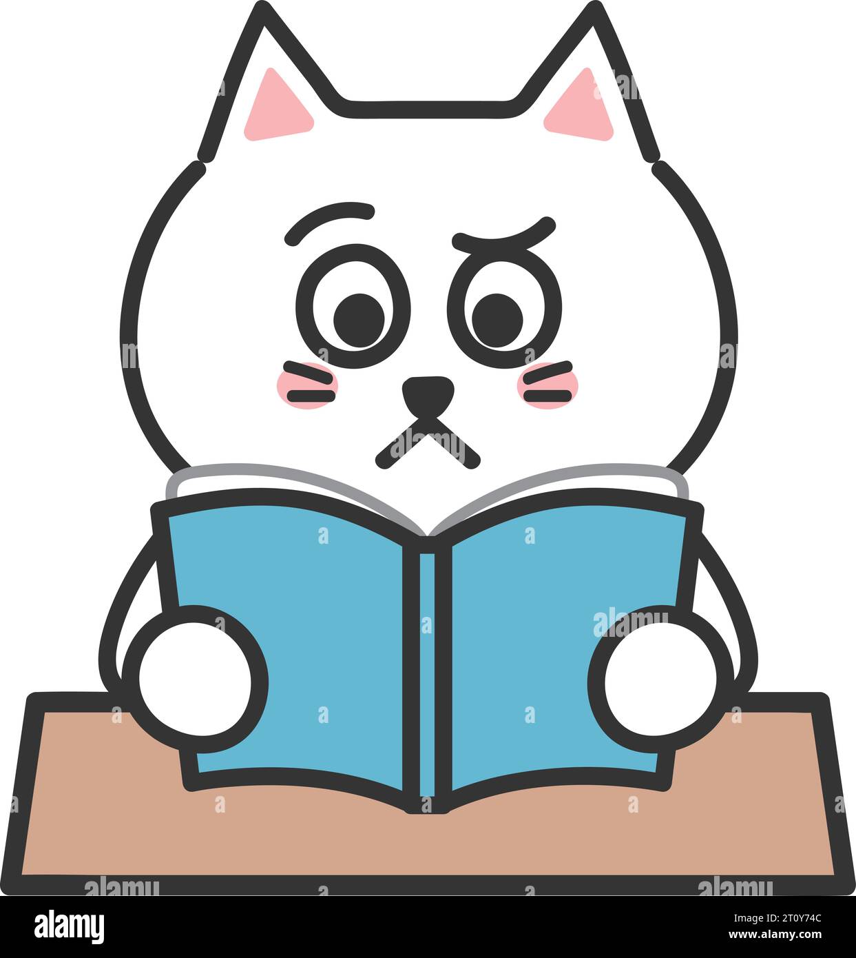 Cartoon white cat having a questioning expression while reading a book