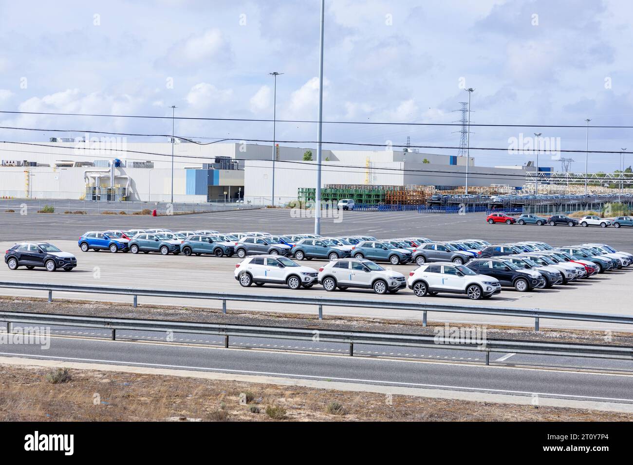 Palmela, Portugal - 17.09.2023: Volkswagen Autoeuropa factory with cars of the model T-Roc parked in Palmela, Portugal Stock Photo