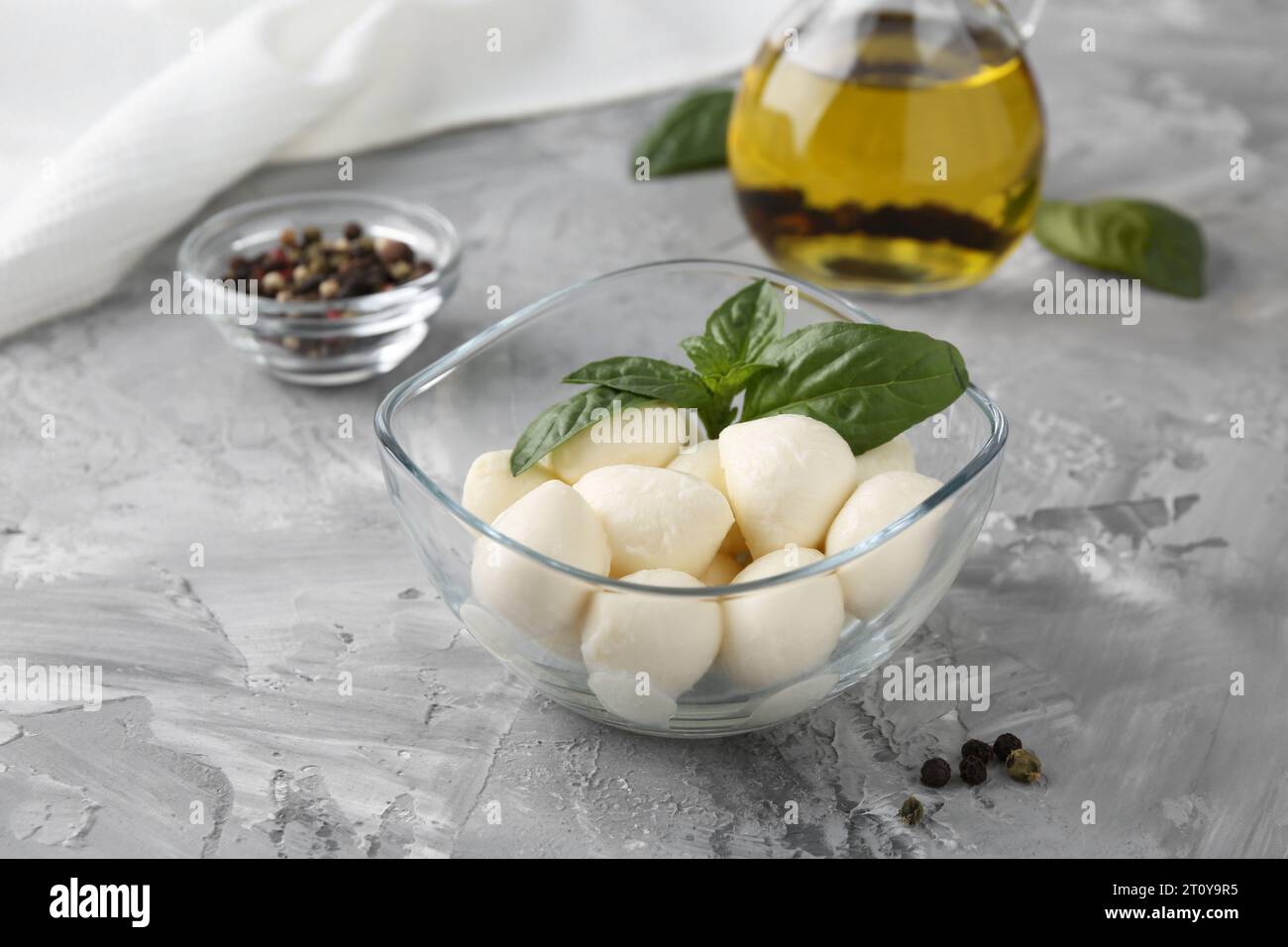 Tasty mozarella balls, basil leaves and spices on grey textured table Stock Photo