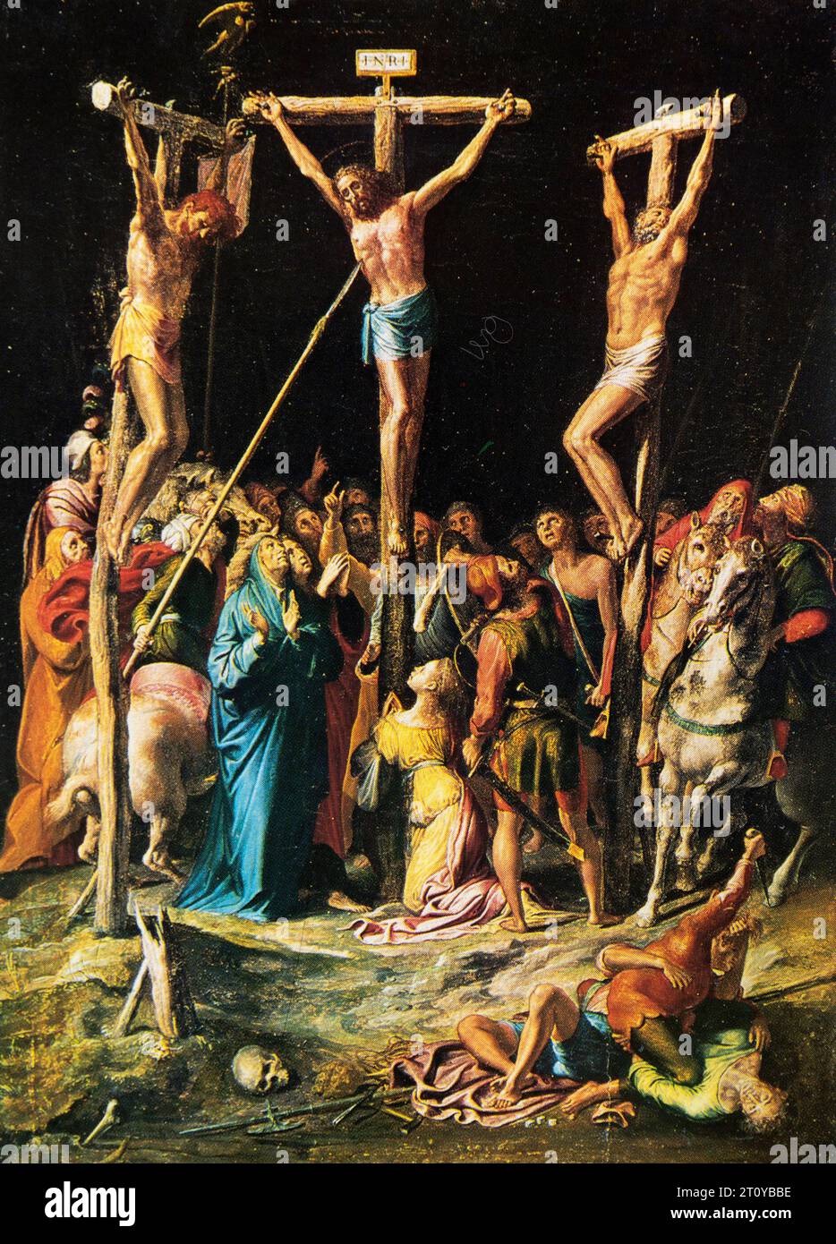 Oil on wood painting of the crucifixion, by Pieter de Kempeneer (aka Pedro Campaña), circa 1540 - half-tone postcard image. Stock Photo