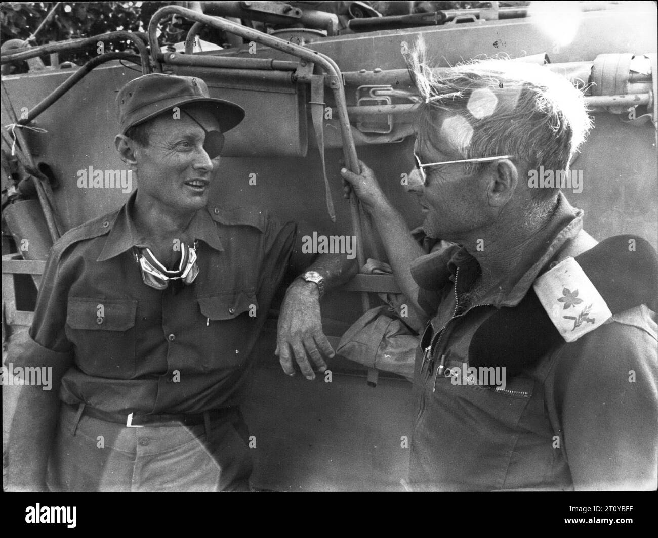 1973 - Israel - Yom Kippur War 1973 Moshe Dayan talking to an Israeli General Adnan at the Siuoi front. The Yom Kippur War, also known as the Ramadan War, the October War, the 1973 ArabCIsraeli War, or the Fourth ArabCIsraeli War, was an armed conflict fought from October 6 to 25, 1973, between Israel and a coalition of Arab states led by Egypt and Syria. (Credit Image: © Keystone Press Agency/ZUMA Press Wire) EDITORIAL USAGE ONLY! Not for Commercial USAGE! Stock Photo