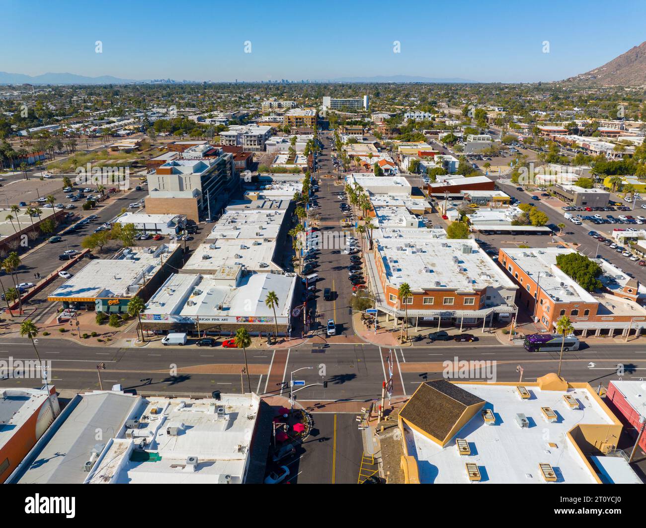 Scottsdale city center aerial view on Main Street at Scottsdale Road in city of Scottsdale, Arizona AZ, USA. Stock Photo