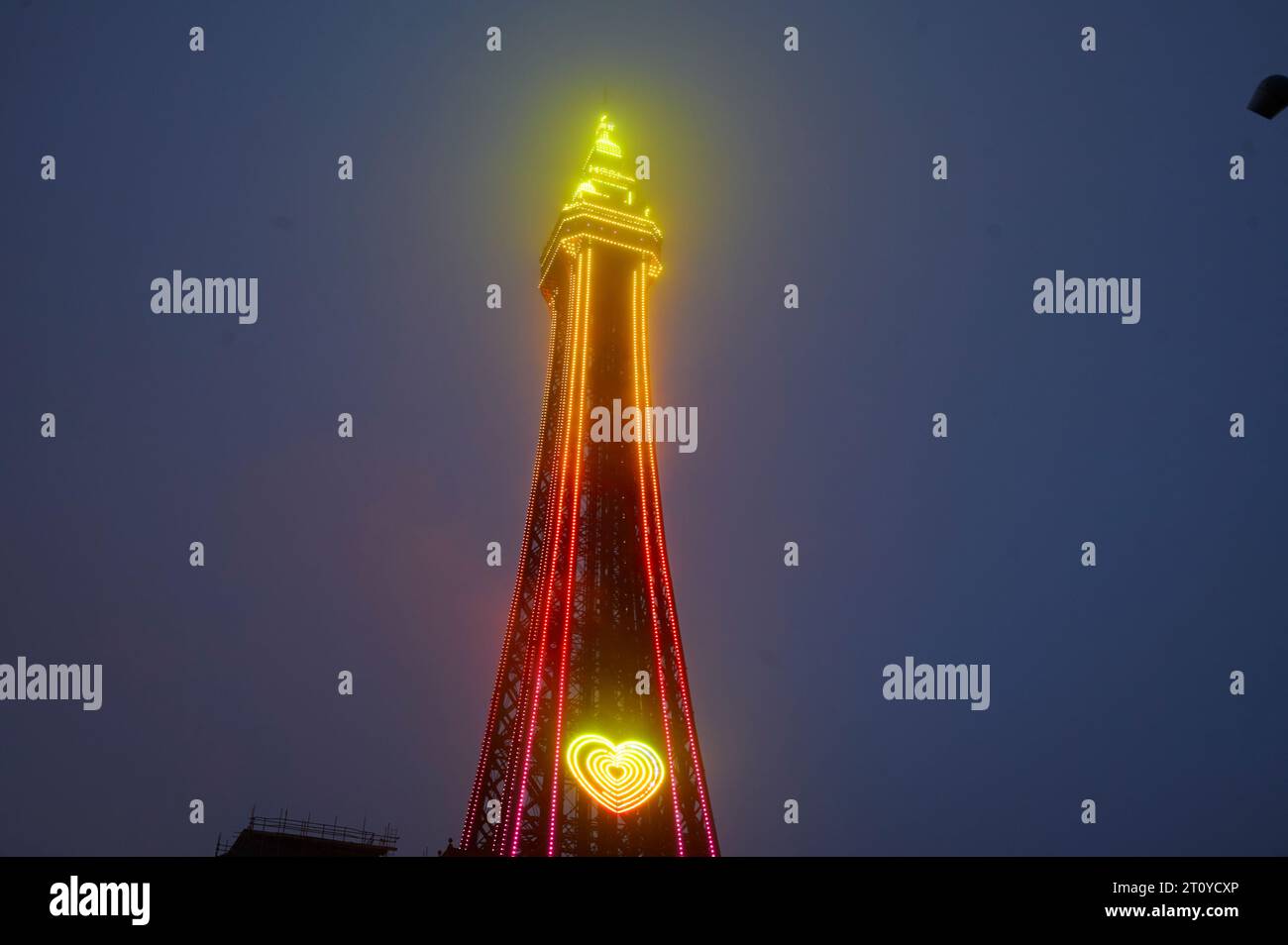Blackpool Tower during the annual illumination surrounded in autunm mist Stock Photo