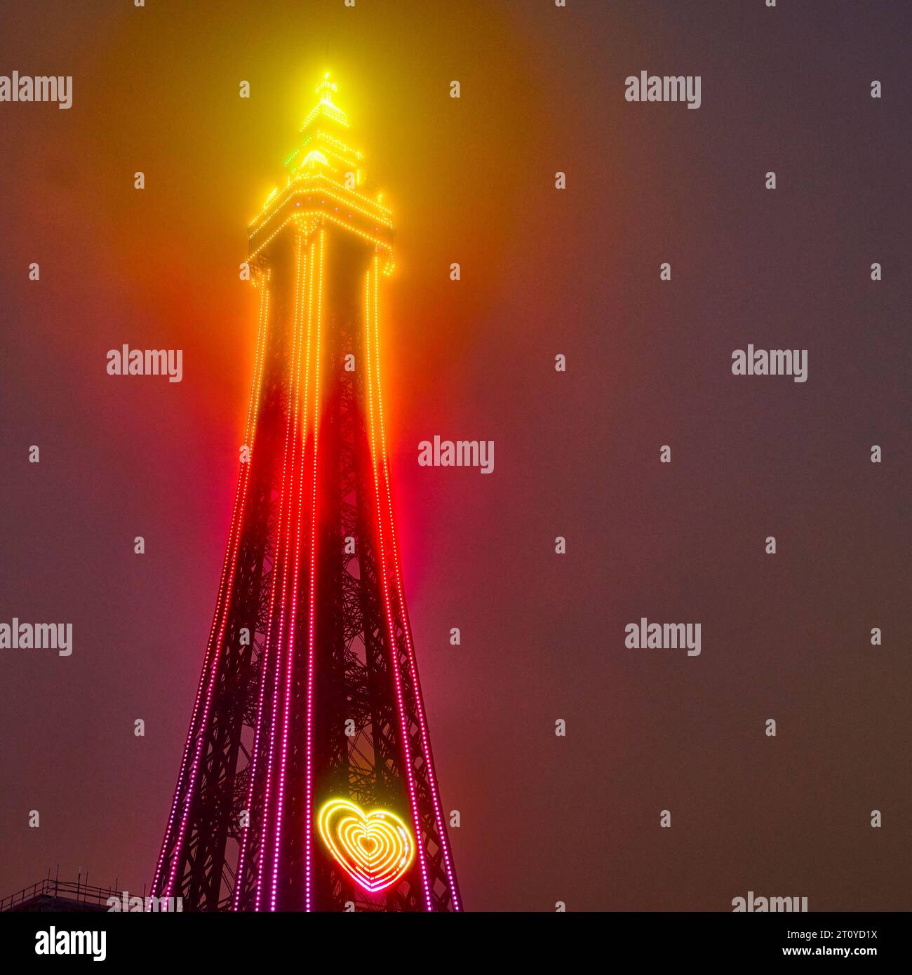 Blackpool Tower during the annual illumination surrounded in autunm mist Stock Photo