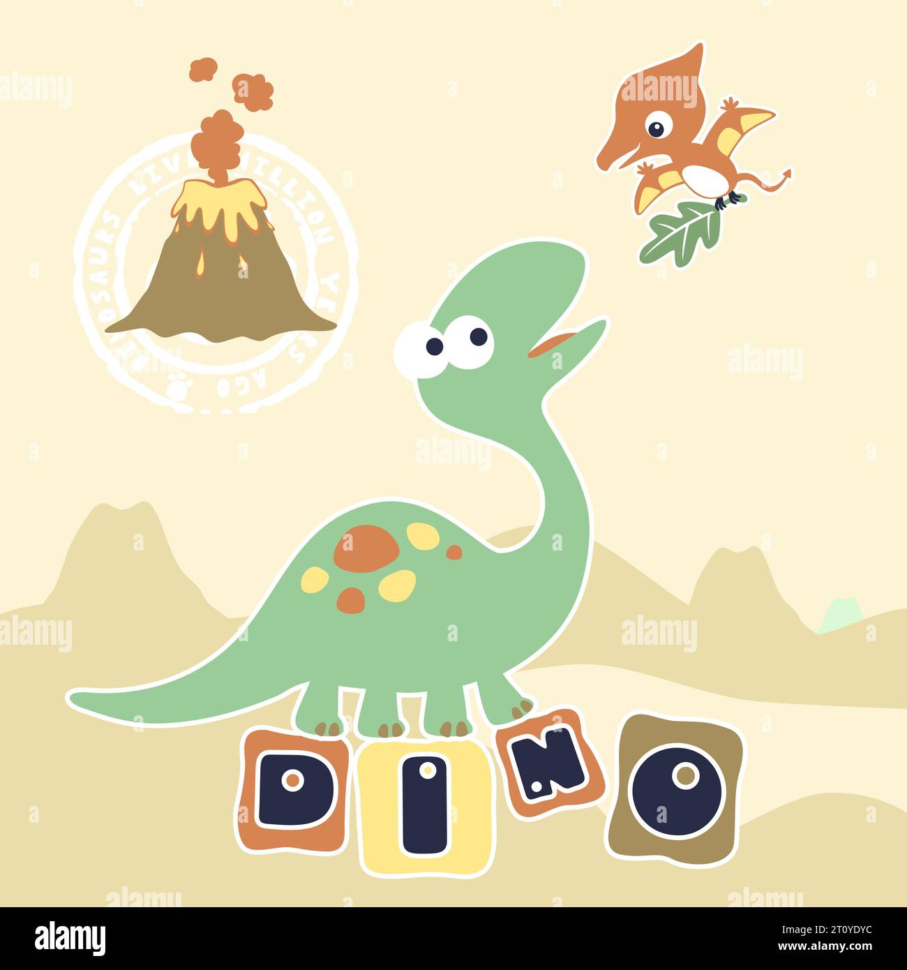 vector cartoon of funny dinosaurs with volcano eruption Stock Vector