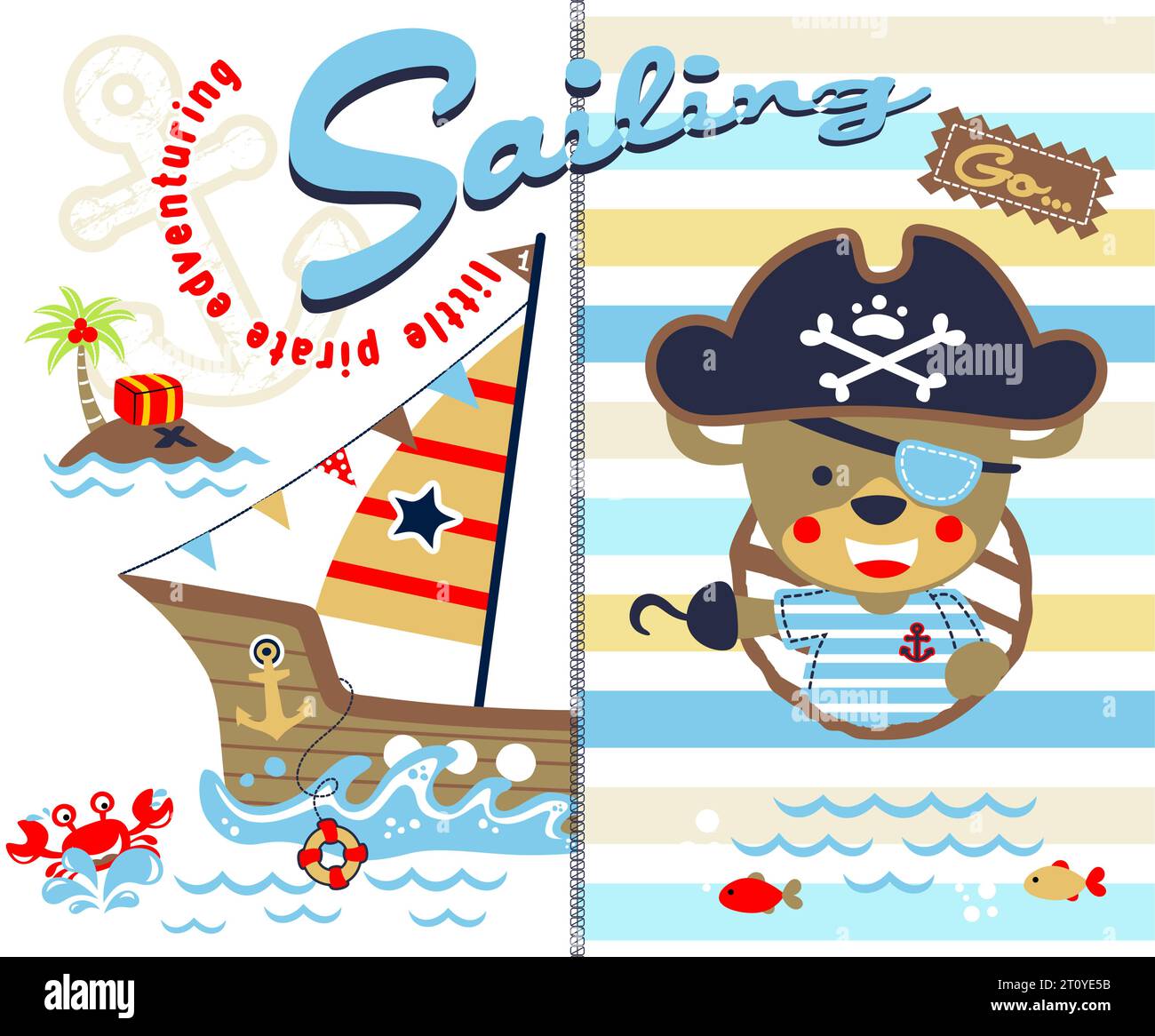 Funny bear in pirate costume, sailing pirate elements, vector cartoon ...