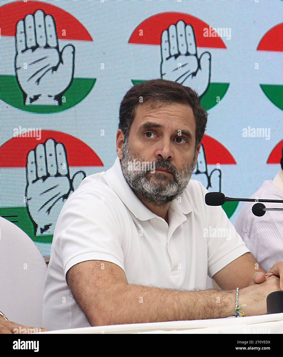 New Delhi, India. 09th Oct, 2023. Congress leader Rahul Gandhi speaks during a press conference at All India Congress Committee headquarters in New Delhi about decision to conduct caste census in 4 ruling states. Credit: SOPA Images Limited/Alamy Live News Stock Photo