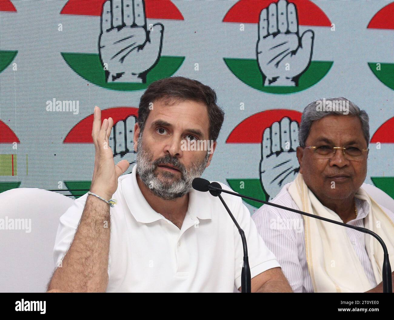 New Delhi, India. 09th Oct, 2023. Congress leader Rahul Gandhi (L) speaks during a press conference at All India Congress Committee headquarters in New Delhi about decision to conduct caste census in 4 ruling states. Credit: SOPA Images Limited/Alamy Live News Stock Photo
