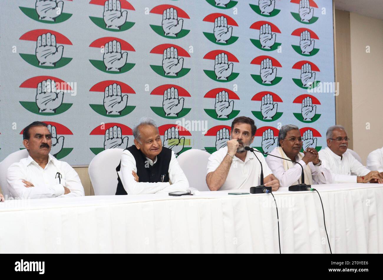New Delhi, India. 09th Oct, 2023. Congress leader Rahul Gandhi (C) speaks during a press conference at All India Congress Committee headquarters in New Delhi about decision to conduct caste census in 4 ruling states. Credit: SOPA Images Limited/Alamy Live News Stock Photo