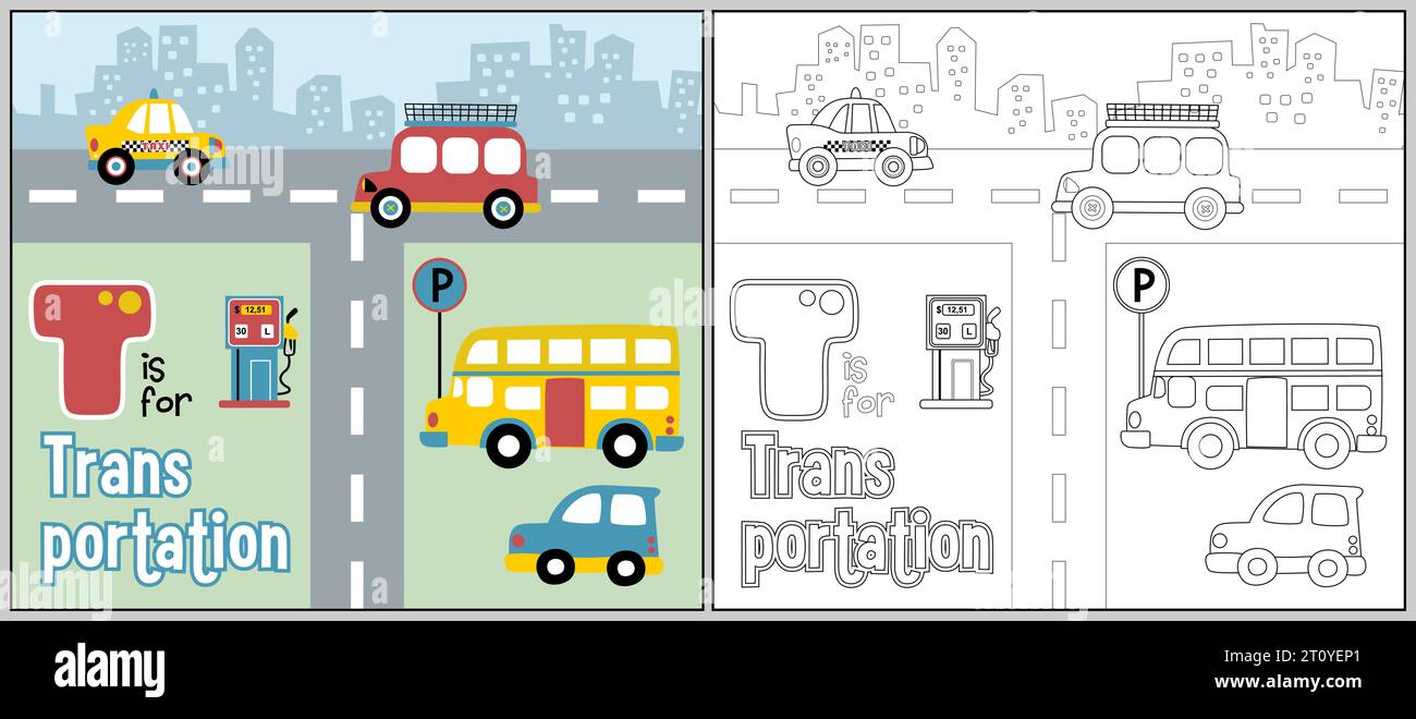 City traffic cartoon with colorful vehicles, coloring book or page Stock Vector