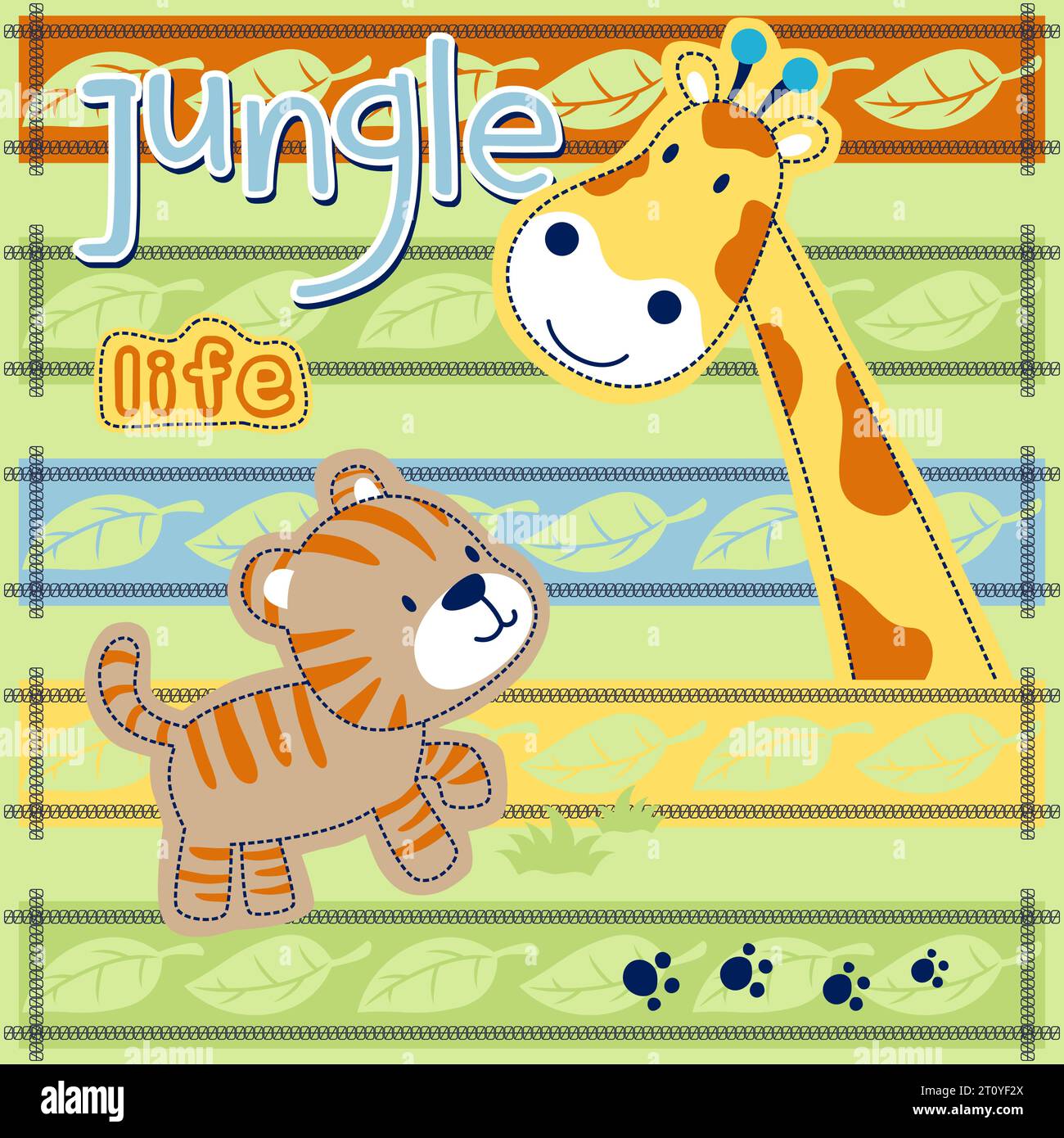 Vector cartoon of funny giraffe with tiger on colorful striped leaves