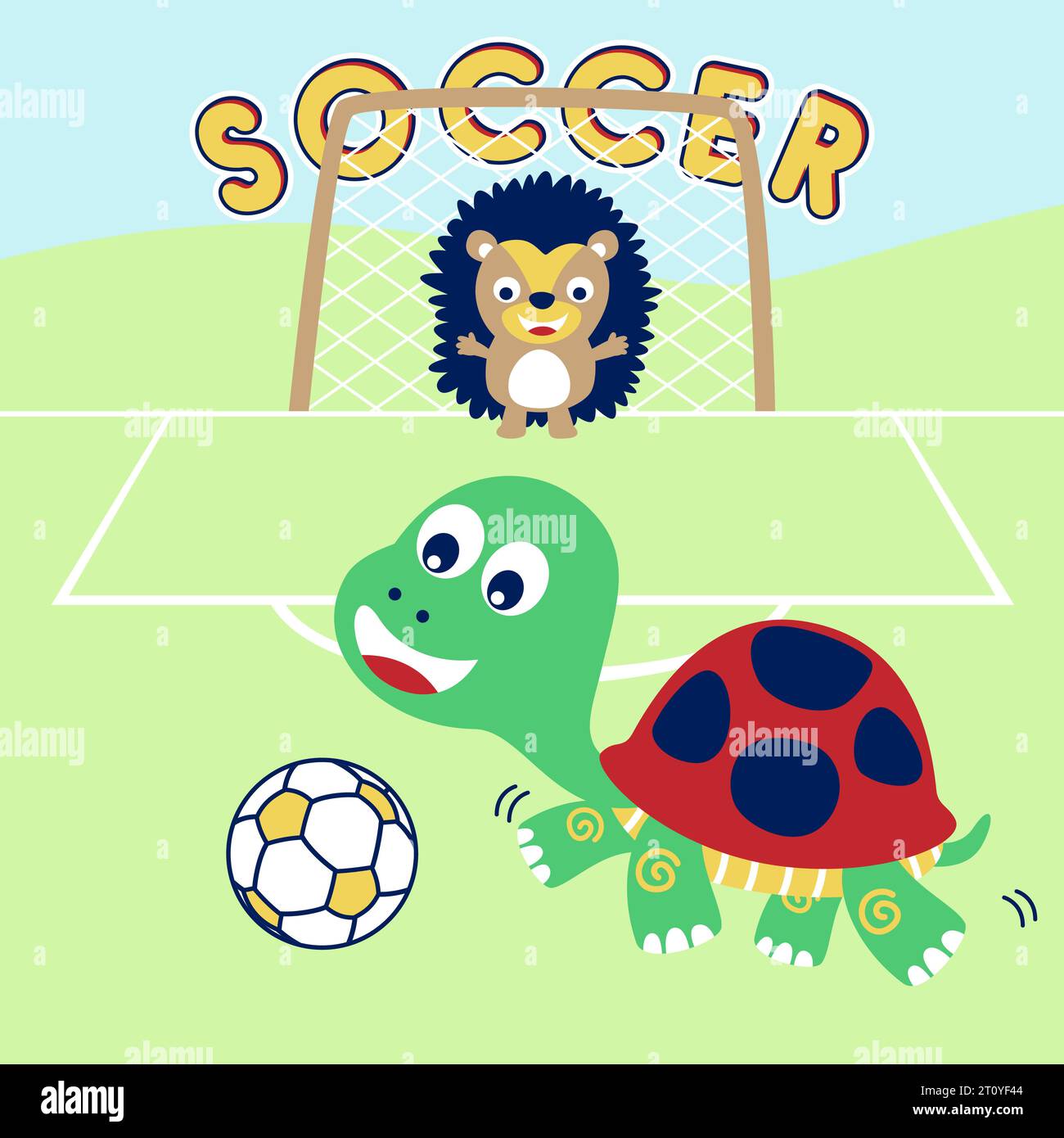 Vector cartoon of turtle with hedgehog playing soccer Stock Vector