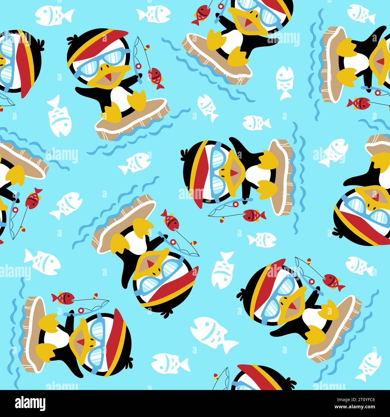 vector seamless pattern of cartoon penguin fishing Stock Vector Image