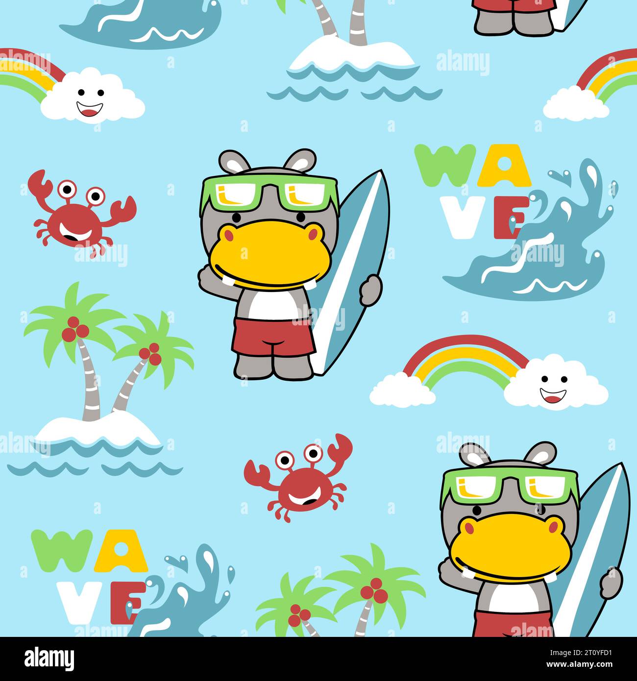 seamless pattern vector of cartoon cute hippo with crab, beach holiday ...