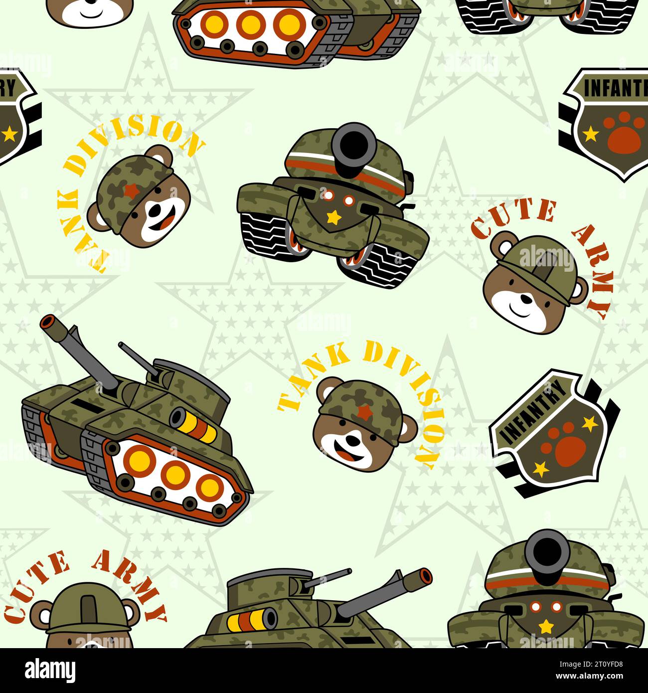 seamless pattern vector of armored vehicles cartoon with funny bear soldiers Stock Vector