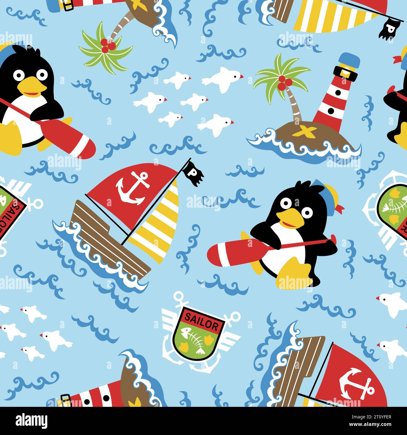 seamless pattern vector of cute penguin sailor with sailing elements ...