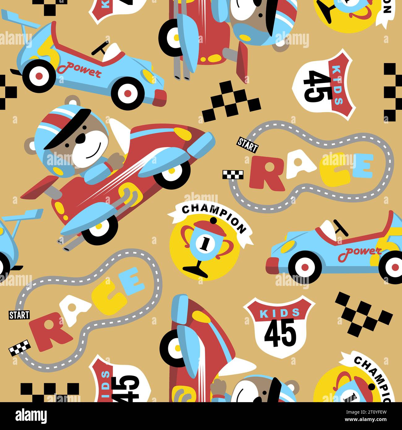 Seamless pattern vector of funny bear on racing cars. Motorsport elements cartoon Stock Vector