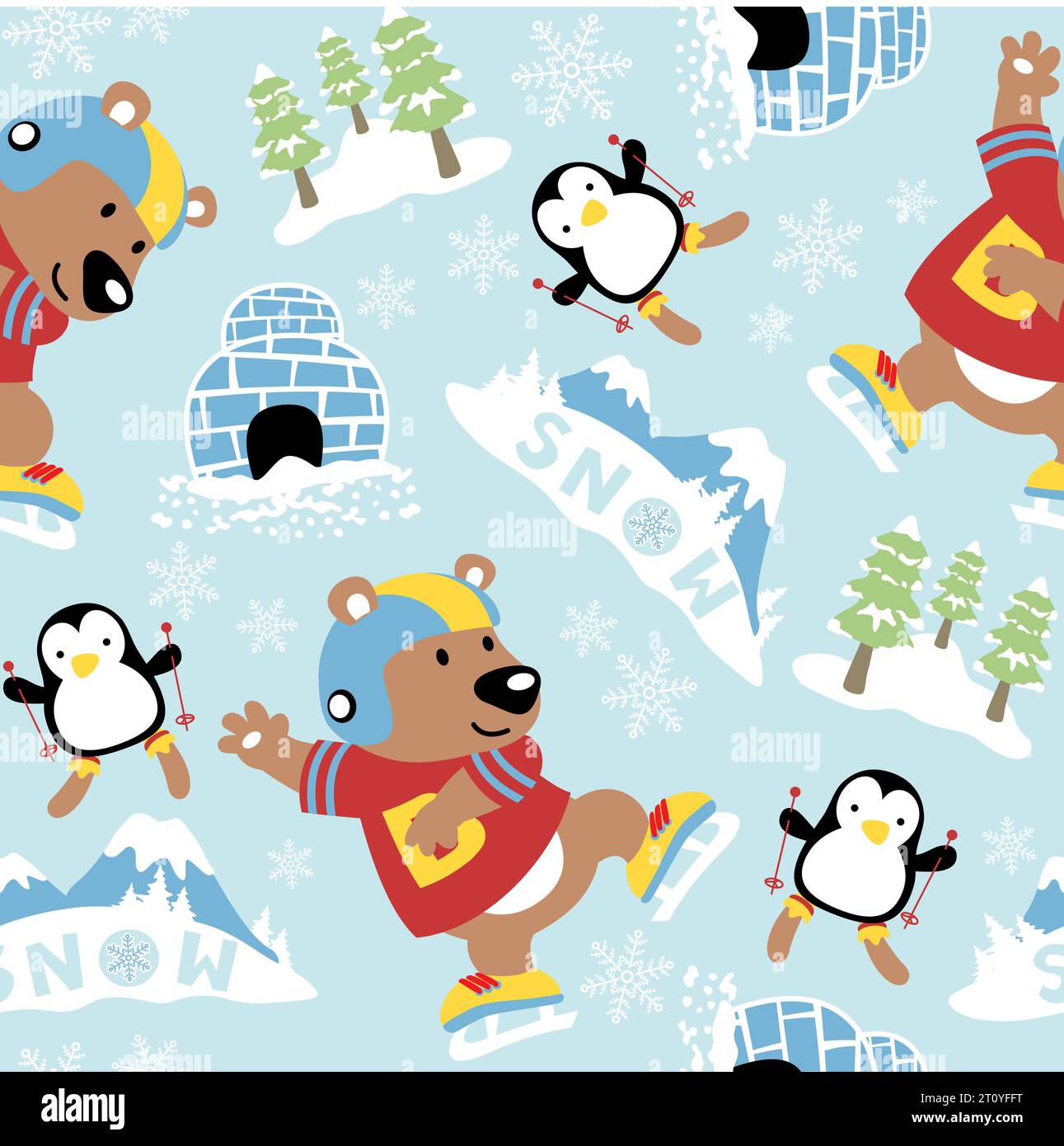 seamless pattern vector of funny bear playing ice skating with penguin skiing, cartoon winter elements Stock Vector