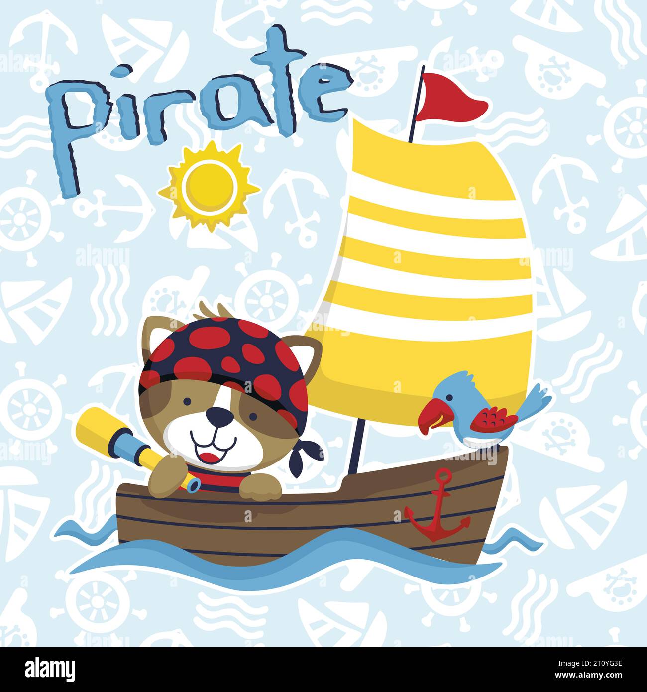 Vector illustration of cartoon cat in pirate costume with parrot on sailboat on sailing elements pattern background Stock Vector