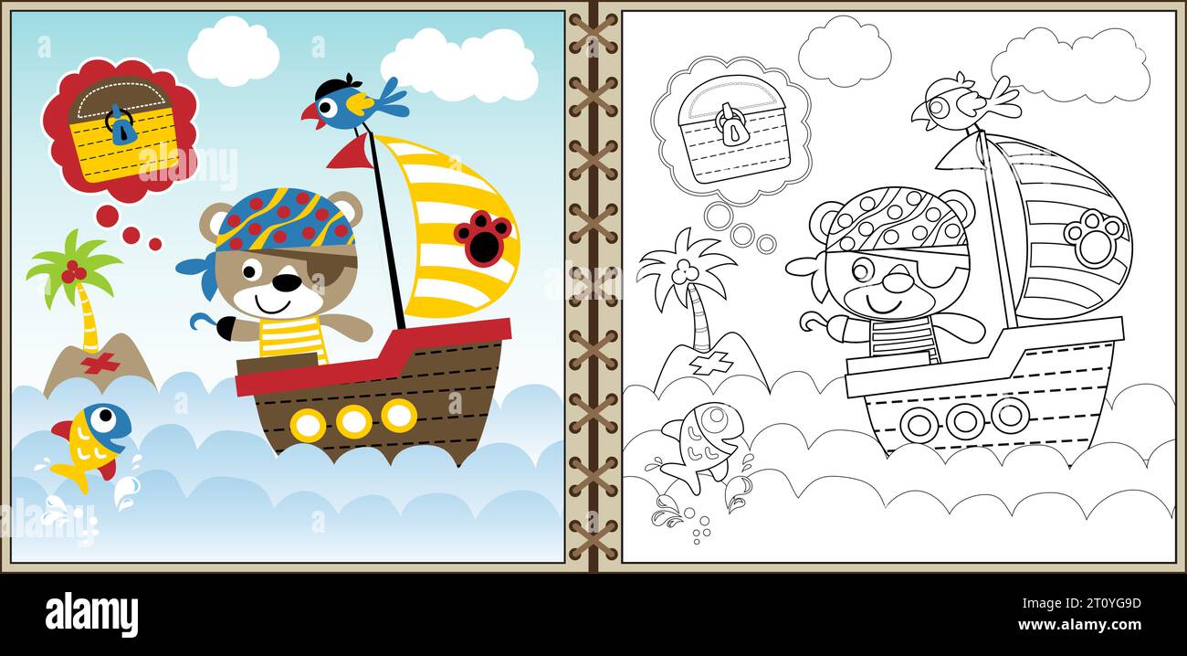 Vector cartoon of cute bear on sailboat, pirate elements cartoon ...