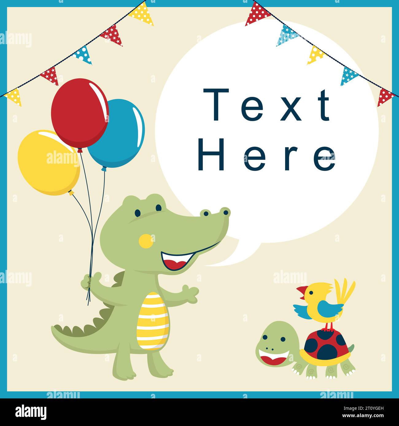 Invitation card template with funny crocodile cartoon holding colorful