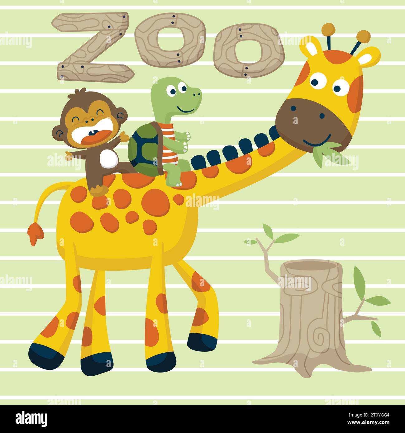 Vector cartoon illustration of monkey and turtle ride on giraffe's back on striped background Stock Vector