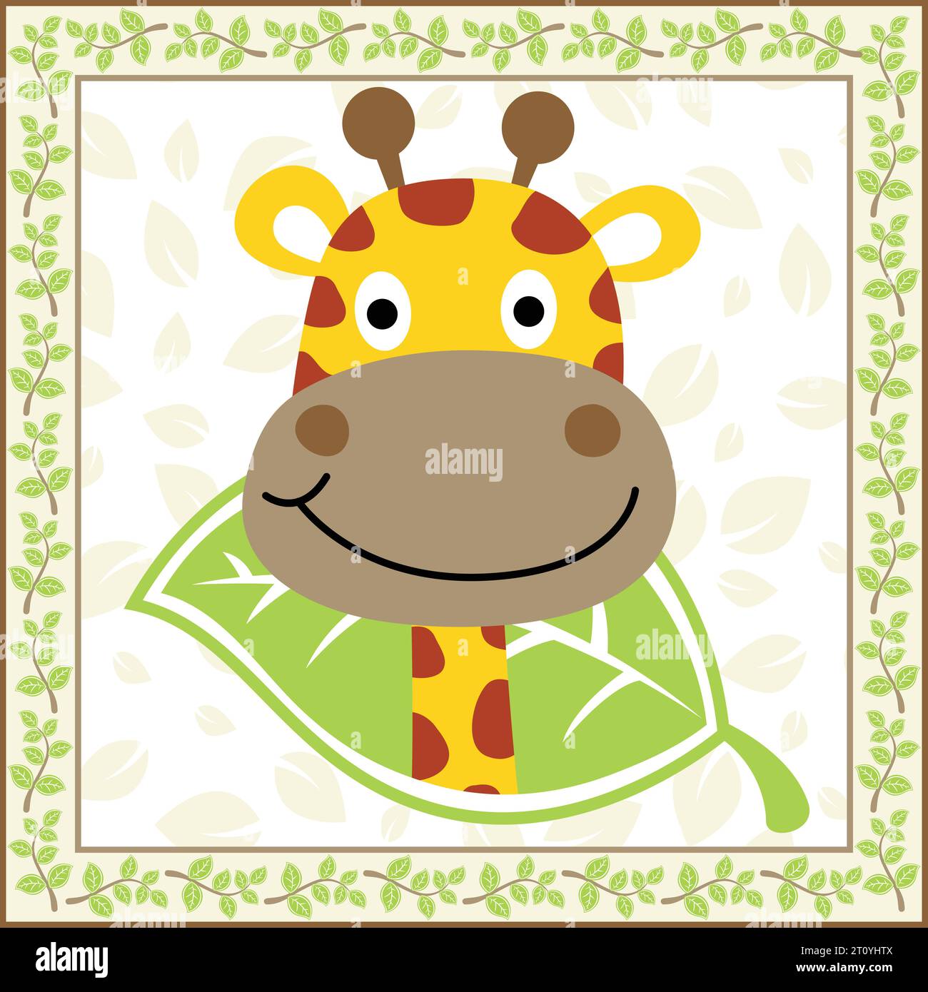 Cute smiling giraffe cartoon vector on leaves background in tree branches frame Stock Vector