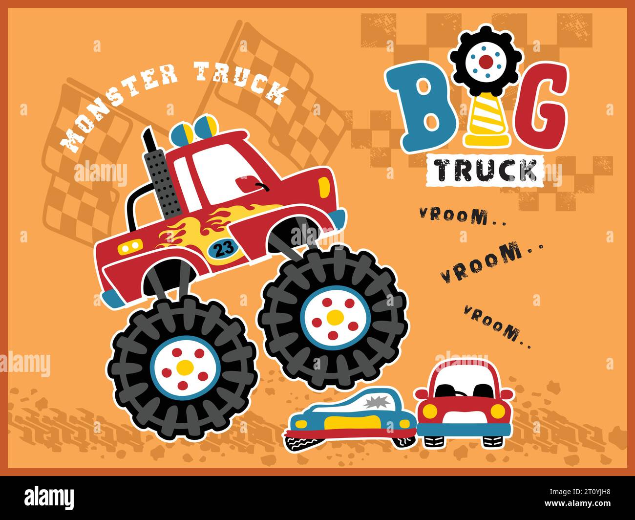 Monster truck cartoon vector crushing little cars, car racing element Stock Vector
