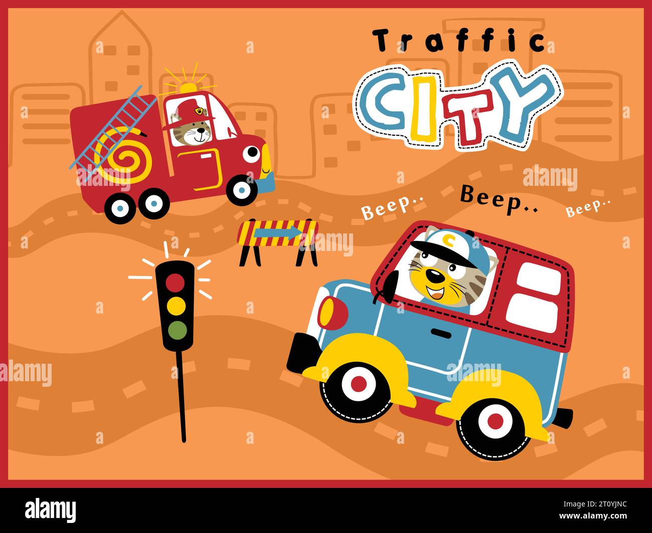 Cartoon vector of city traffic elements, funny cat driving car and fire truck Stock Vector