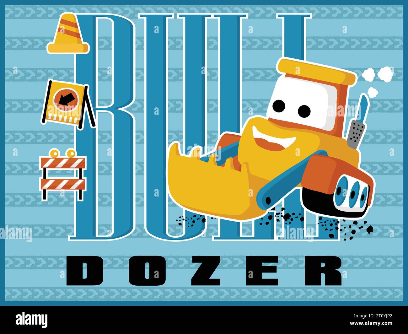 Funny bulldozer cartoon vector with construction elements on tire track ...