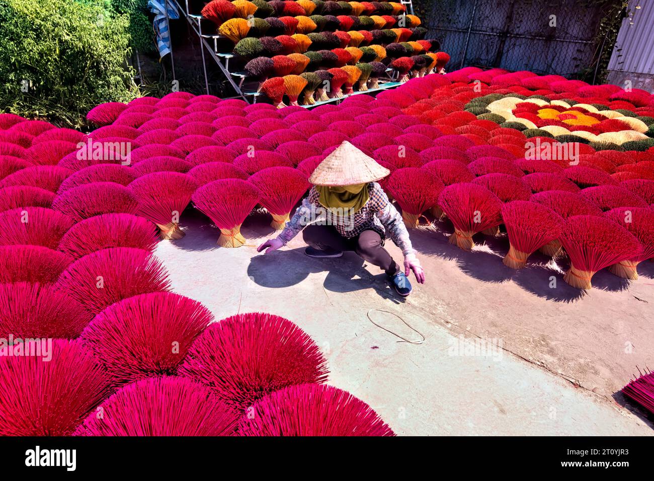Worker drying incense in the Quang Phu Cau incense village, Hanoi, Vietnam Stock Photo