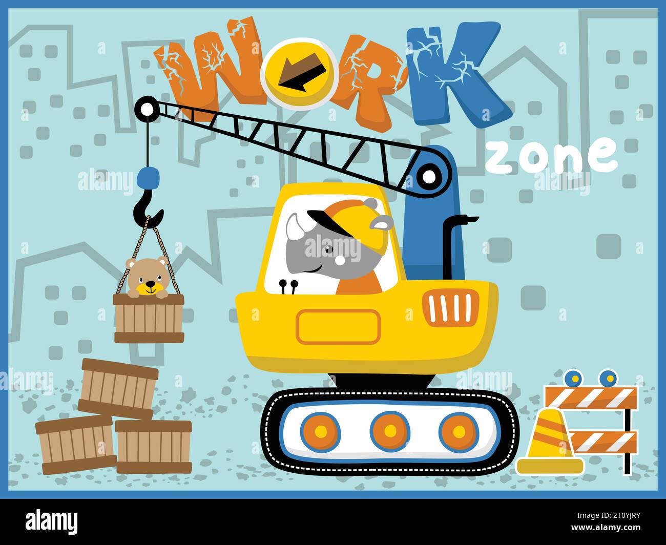 Cartoon vector of construction vehicle with rhino and bear. Industrial elements illustration Stock Vector