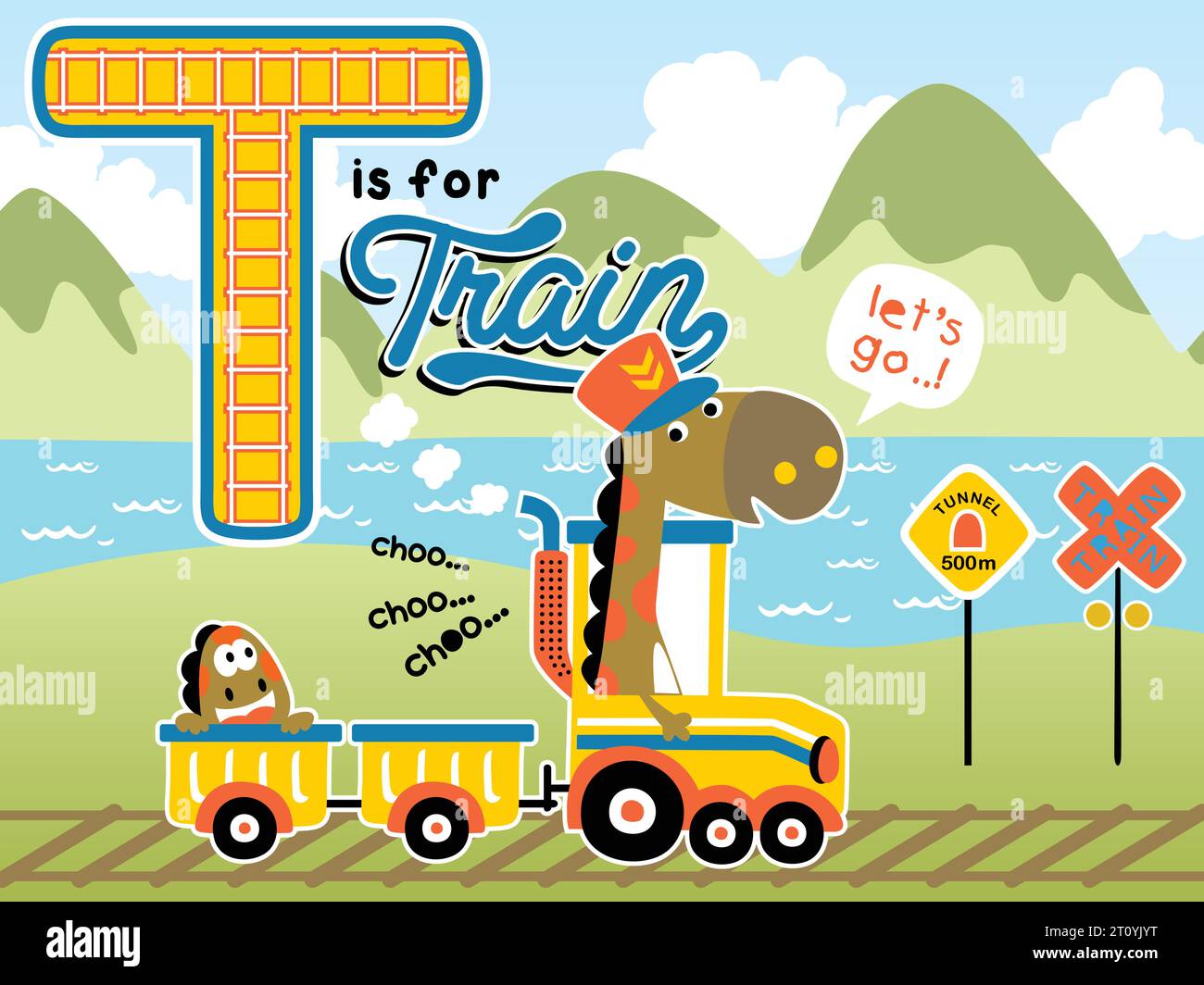 Vector cartoon of dinosaurs on steam train, railway elements on landscape background Stock Vector