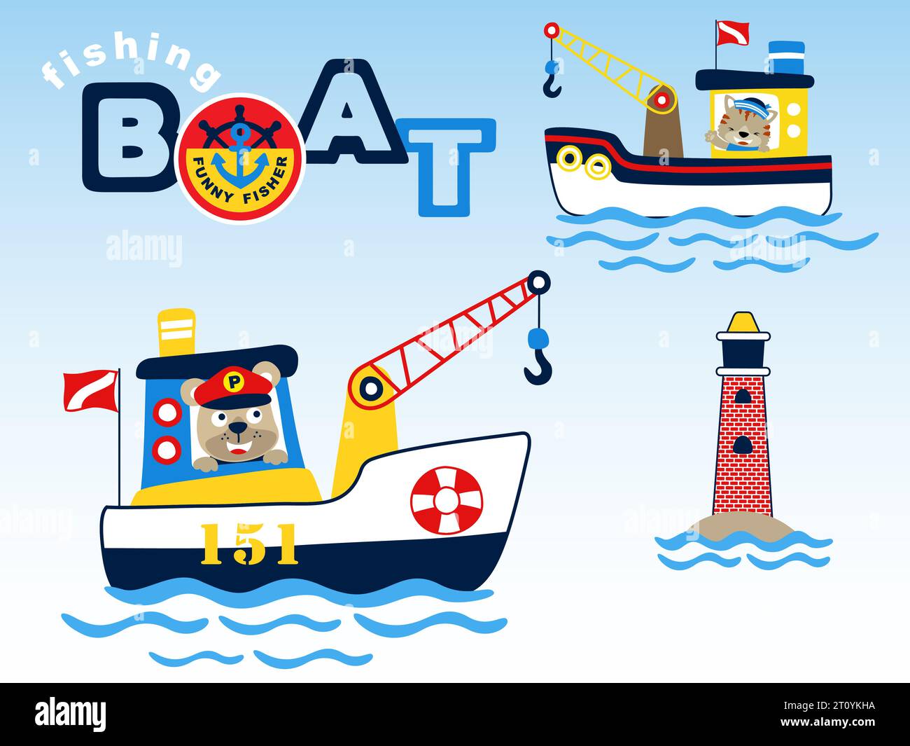 Cartoon vector of funny animals sailor on boat with crane, sailing element illustration Stock Vector